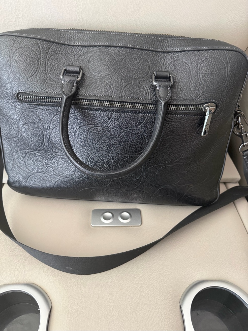 Coach Black Embossed Leather Laptop Bag with Shoulder Strap